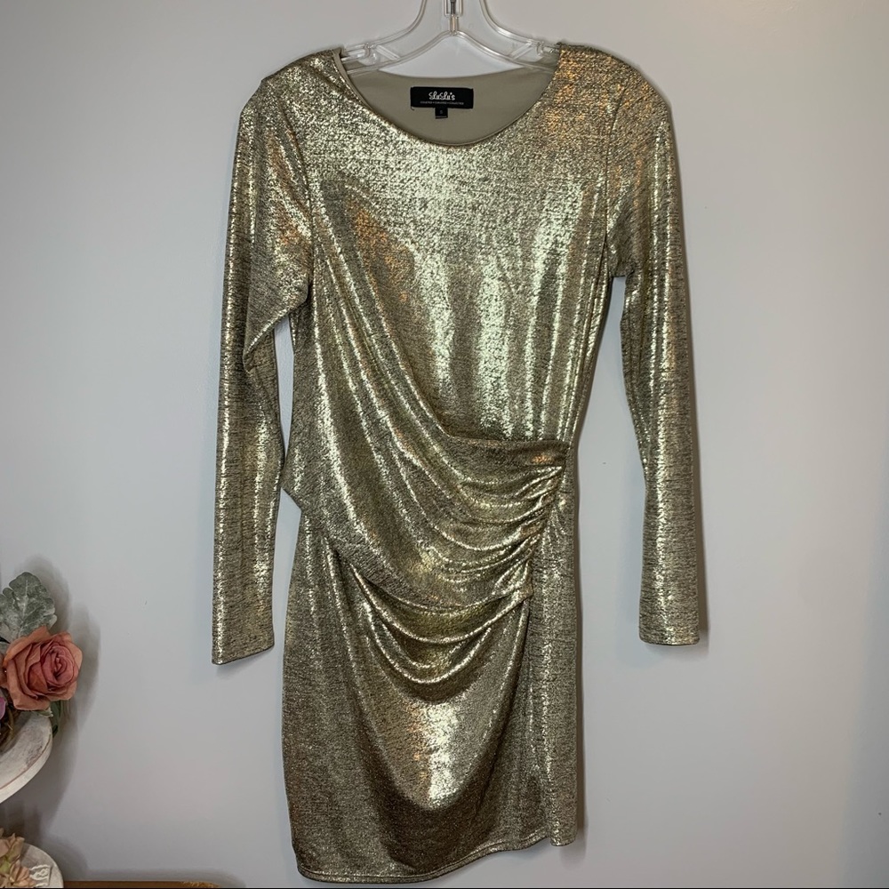 Lulu’s Gold Metallic Long Sleeve Bodycon Dress - Picture 2 of 6